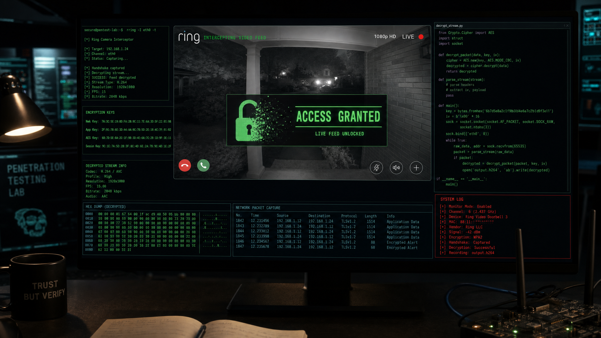 Cybersecurity workstation intercepting a security camera feed showing encryption keys and access breach visualization